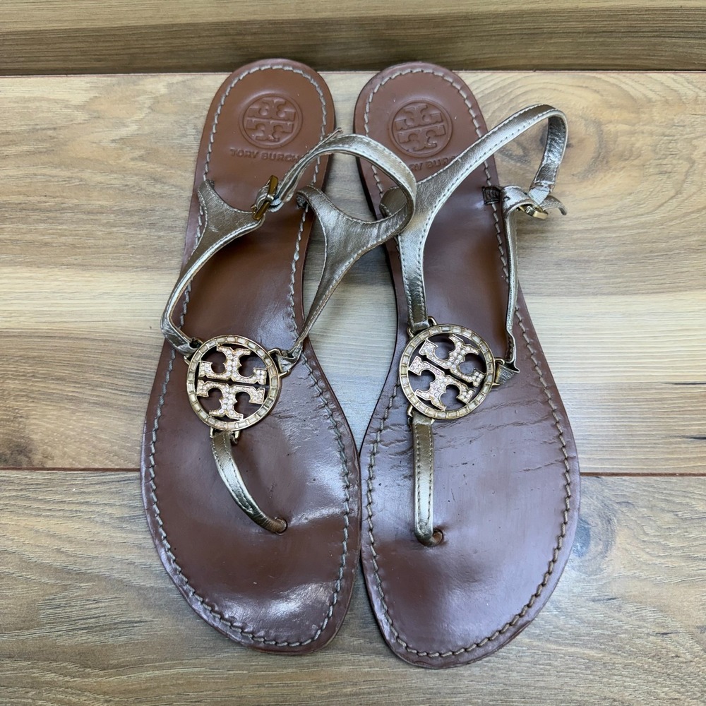 Tory Burch Gold T Strap Sandals Womens 11 M Leather Rhinestones Chic Travel